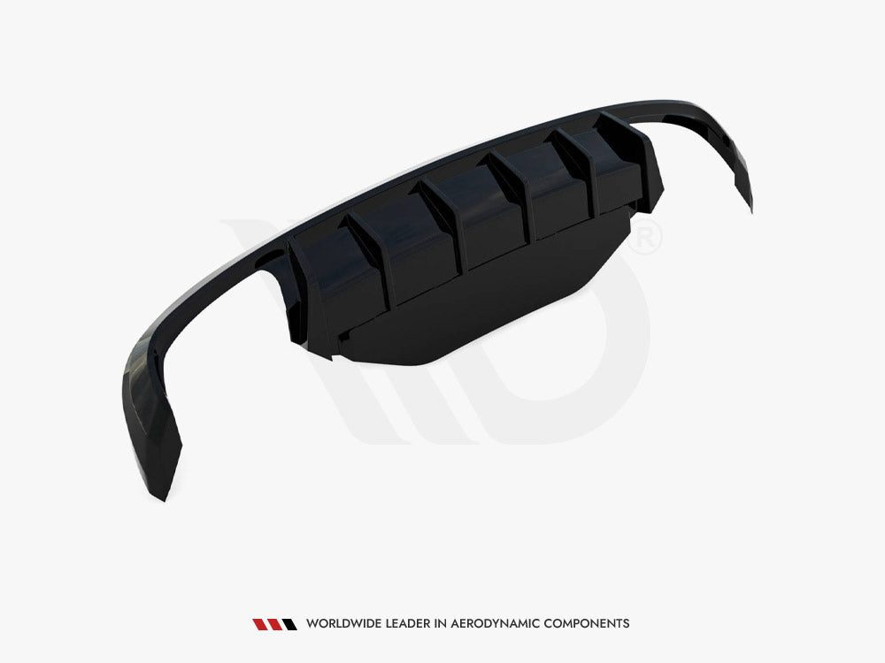 Maxton Design Rear Valance V.2 for Skoda Superb Mk3 liftback and Combi, body styling accessory, black finish, showcased on car.