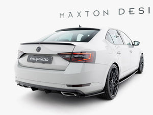 Maxton Design rear side splitters V.2 on Skoda Superb Mk3 liftback and combi, enhancing body styling with sleek, aerodynamic details.