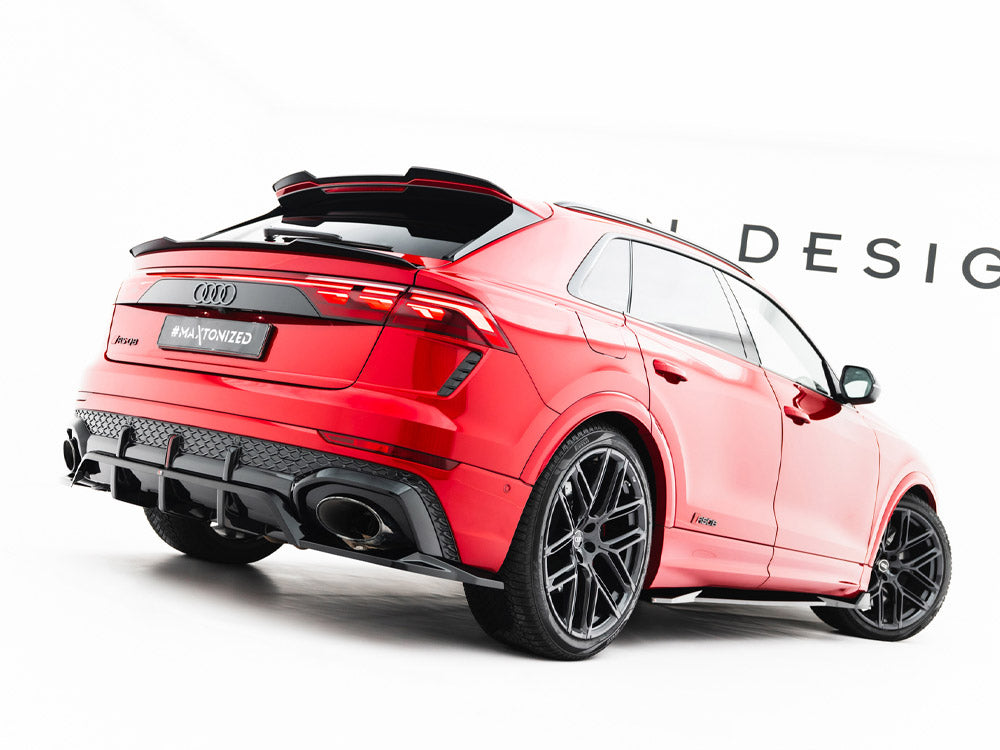 Maxton Design Audi RSQ8 Mk1 Facelift upper spoiler cap in black, designed for aerodynamic enhancement, shown on the vehicle.