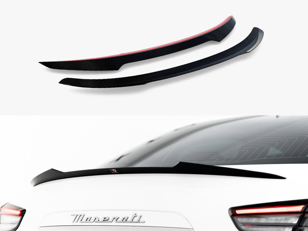 MAXTON® DESIGN spoiler cap for Maserati Ghibli Mk3, showcasing the sleek black aerodynamic design on the car's rear.