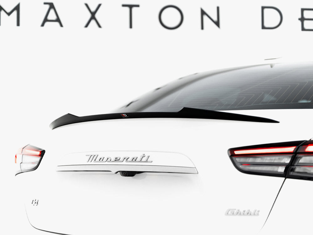 MaxTON® DESIGN spoiler cap for Maserati Ghibli Mk3, rear view showing sleek aerodynamic design and glossy black finish.
