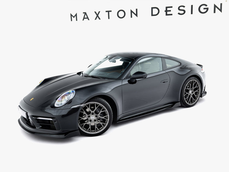 Maxton Design Porsche 911 Carrera Sport V.2 side skirts and diffusers in black, showcasing sleek body styling for 992 model.