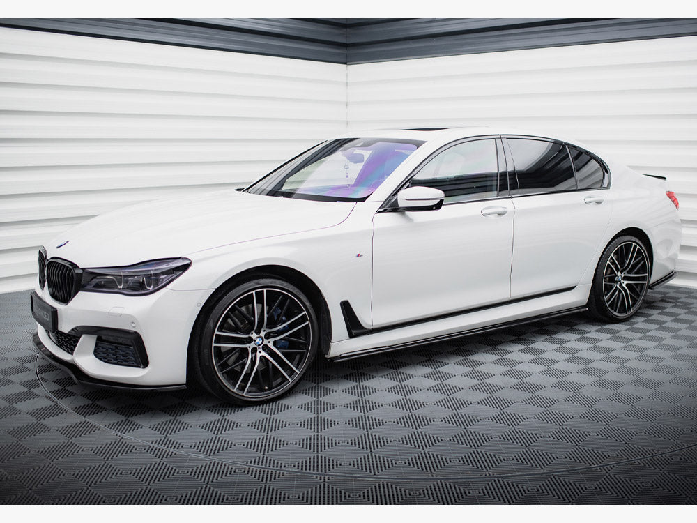 Maxton Design BMW 7 Series G11 2015-2018 side skirts diffusers for M-pack, black plastic aerodynamic car enhancement.