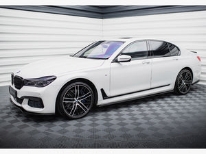 Maxton Design BMW 7 Series G11 2015-2018 side skirts diffusers for M-pack, black plastic aerodynamic car enhancement.