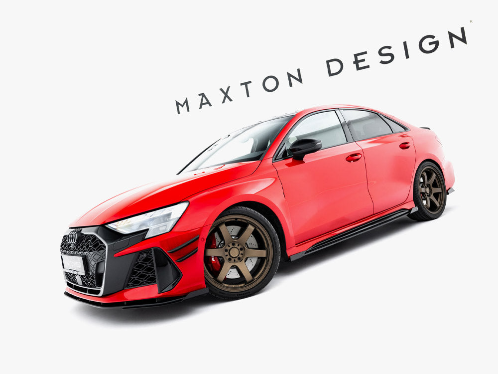 Maxton Design Audi RS3 Sportback 8Y facelift side flaps in black, part of body and styling accessories, mounted on vehicle.