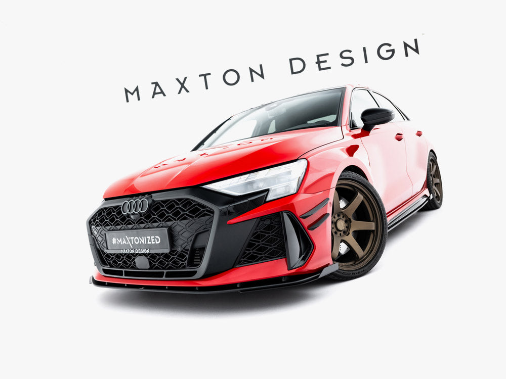 Maxton Design front flaps for Audi RS3 Sportback 8Y facelift, body and styling accessories, in black with detailed aerodynamic design.