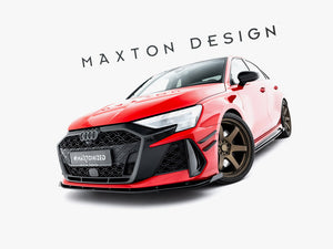 Maxton Design front flaps for Audi RS3 Sportback 8Y facelift, body and styling accessories, in black with detailed aerodynamic design.