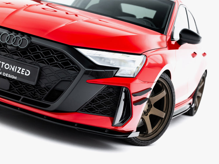 Maxton Design front flaps for Audi RS3 Sportback 8Y Facelift, black body styling parts on a car.