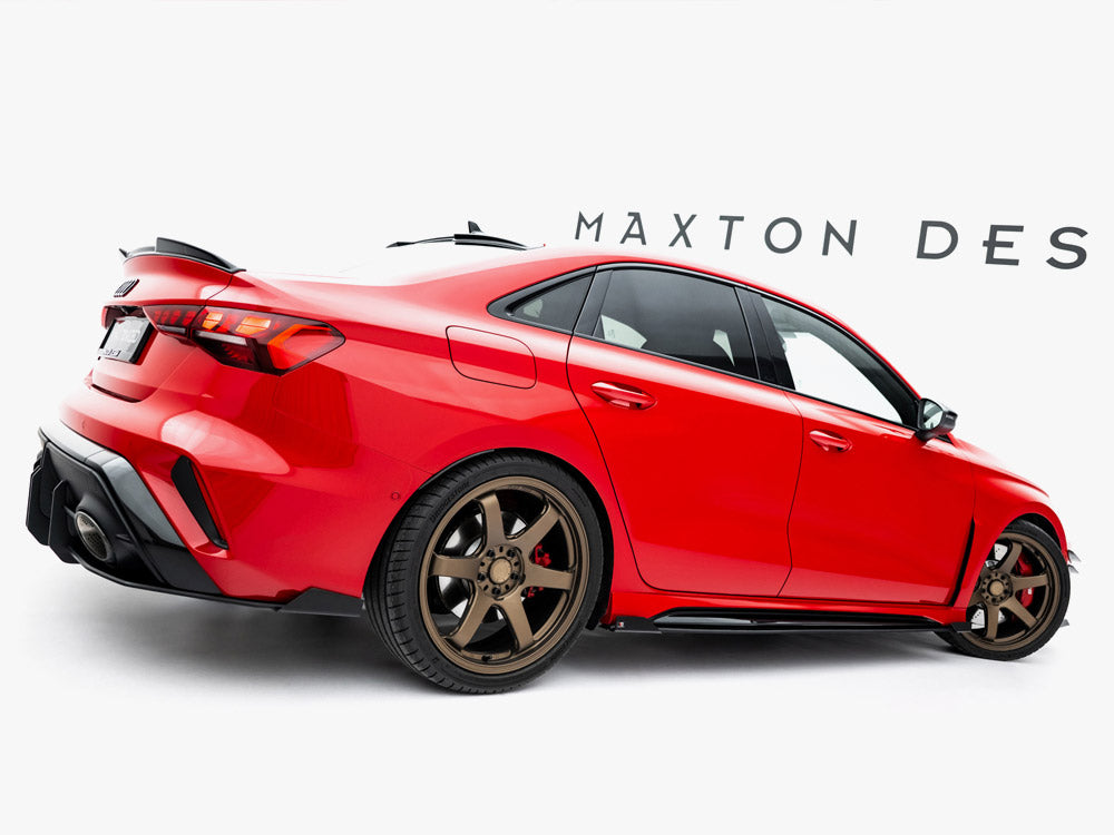 Maxton Design Street PRO side skirt diffusers and flaps on an Audi RS3 Sedan 8Y Facelift, showcasing sleek body styling details.