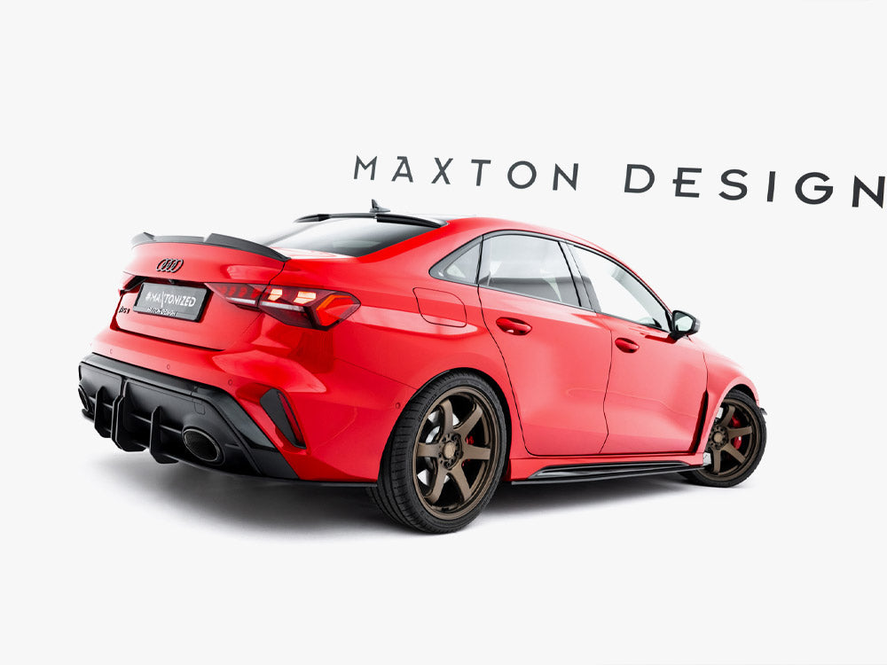 Maxton Design Street PRO side skirt diffusers for Audi RS3 Sedan 8Y Facelift, black body styling parts on car side.