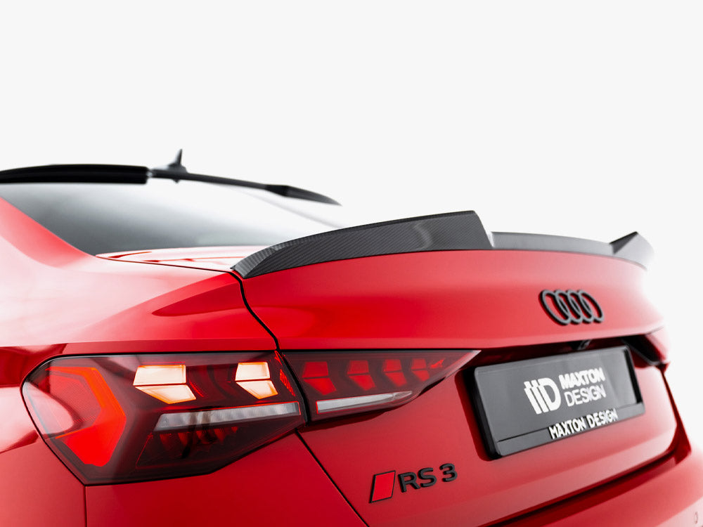 Maxton Design Prepreg carbon fiber tailgate spoiler for Audi RS3, S3, A3 S-Line, and A3 Sedan 8Y facelift, lightweight aerodynamic body part.