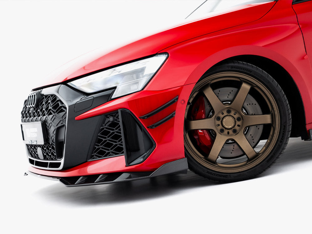 Maxton Design Prepreg Carbon Fiber front splitter for Audi RS3 Sedan 8Y Facelift, sleek body and styling accessory.