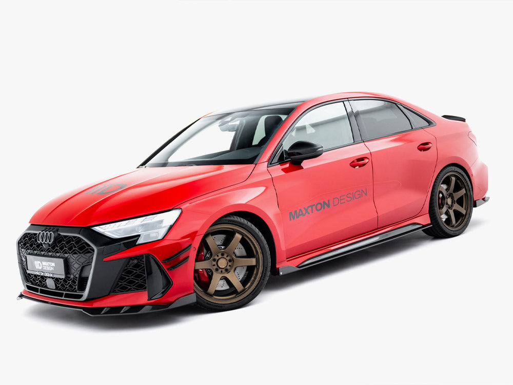Prepreg carbon fiber side skirts for Audi RS3 Sedan 8Y Facelift by MAXTON® DESIGN, showcasing sleek aerodynamic body styling.