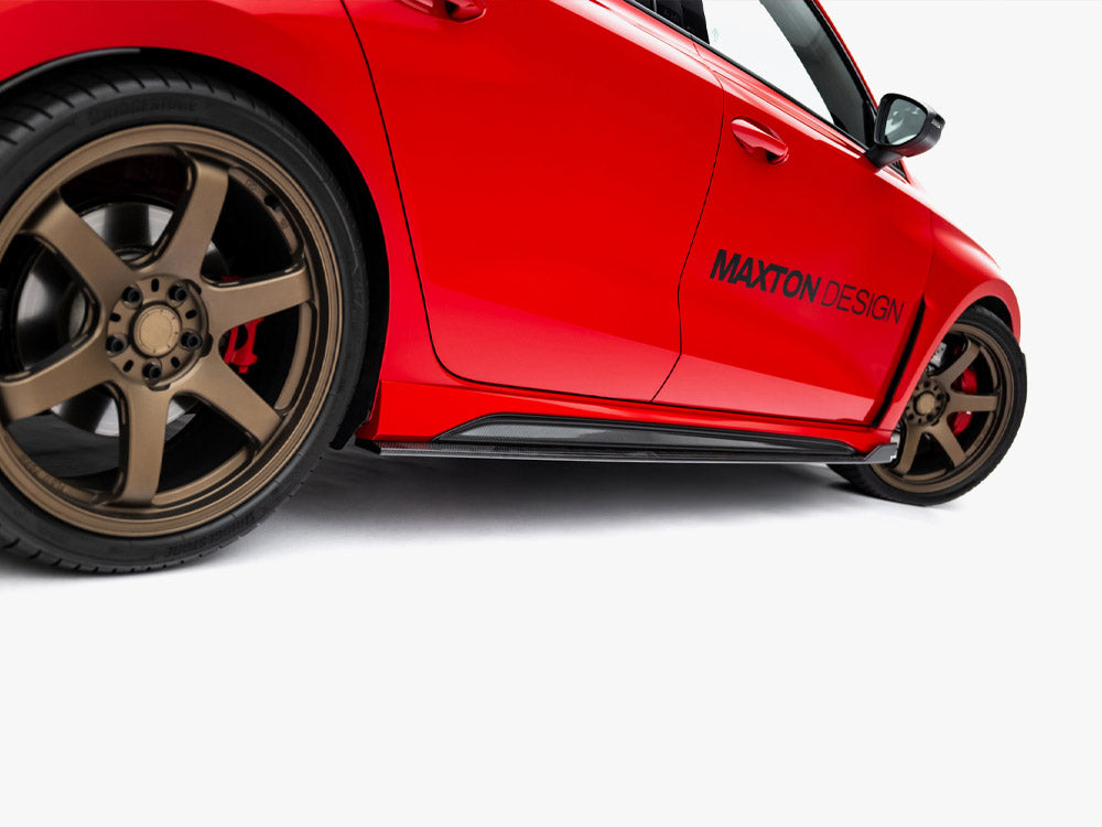 Prepreg carbon fiber side skirts for Audi RS3 Sedan 8Y Facelift by MAXTON® DESIGN, showcasing sleek body styling details.
