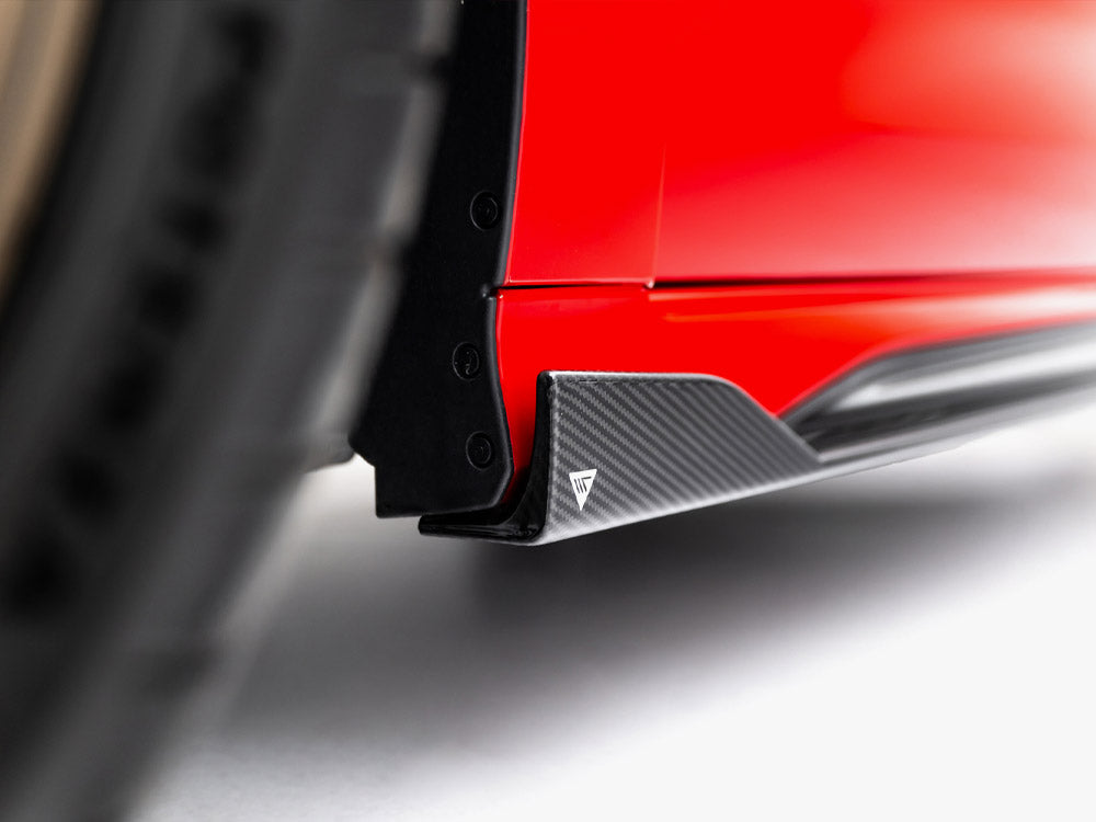 Prepreg carbon fiber side skirts for Audi RS3 Sedan 8Y Facelift by MAXTON® DESIGN, showcasing sleek aerodynamic styling.