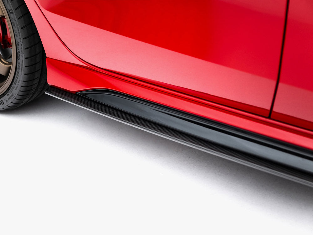 Prepreg carbon fiber side skirts for Audi RS3 Sedan 8Y Facelift by MAXTON® DESIGN, shown on a sleek body styling car.