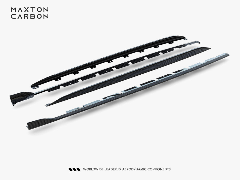 Prepreg carbon fiber side skirts for Audi RS3 Sedan 8Y Facelift by MAXTON® DESIGN, showcasing sleek body styling and aerodynamic design.