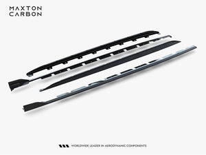 Prepreg carbon fiber side skirts for Audi RS3 Sedan 8Y Facelift by MAXTON® DESIGN, showcasing sleek body styling and aerodynamic design.
