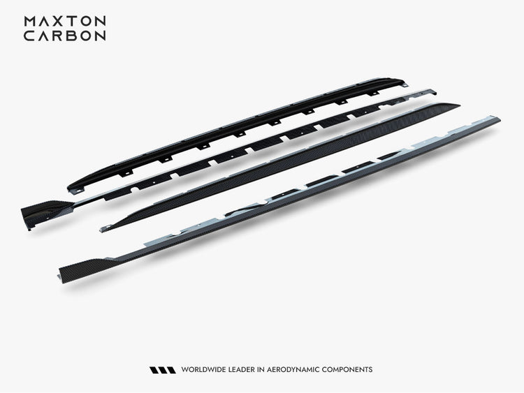 Prepreg carbon fiber side skirts for Audi RS3 Sedan 8Y Facelift by MAXTON® DESIGN, showcasing sleek body styling and aerodynamic design.