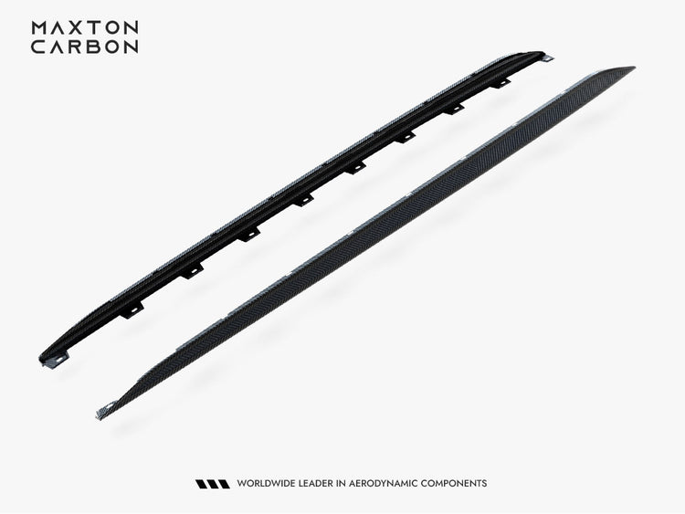 Prepreg carbon fiber side skirts for Audi RS3 Sedan 8Y Facelift by MAXTON® DESIGN, showcasing sleek aerodynamic body styling.