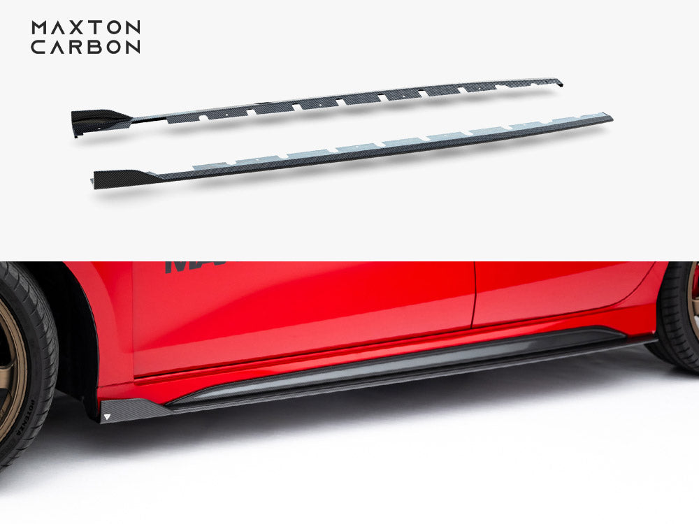 Prepreg carbon fiber side skirts for Audi RS3 Sedan 8Y Facelift by MAXTON® DESIGN, shown on the car's side profile.