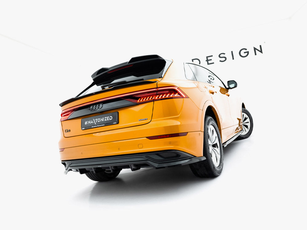 Maxton Design lower spoiler cap for Audi Q8, Q8 S-Line, and SQ8 Mk1, shown on vehicle body with black finish and sleek styling.