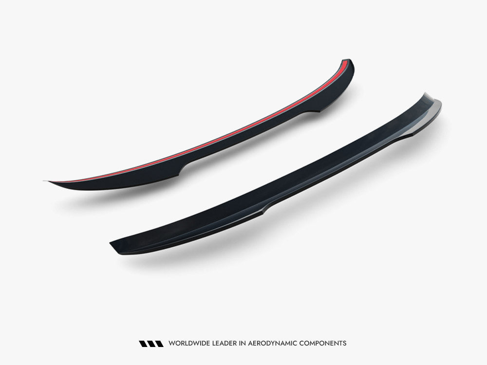 Maxton Design BMW 1 Series F20/F21 M Power facelift spoiler cap V.2 body styling accessory, black plastic, detailed close-up image.