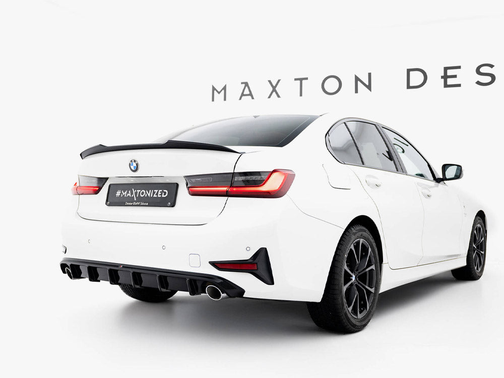 Maxton Design BMW 3 Series G20 spoiler cap installed on the rear trunk, showcasing sleek aerodynamic styling.