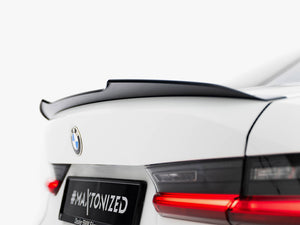 Maxton Design BMW 3 G20 spoiler cap installed on the rear trunk, showcasing sleek black finish and aerodynamic styling.