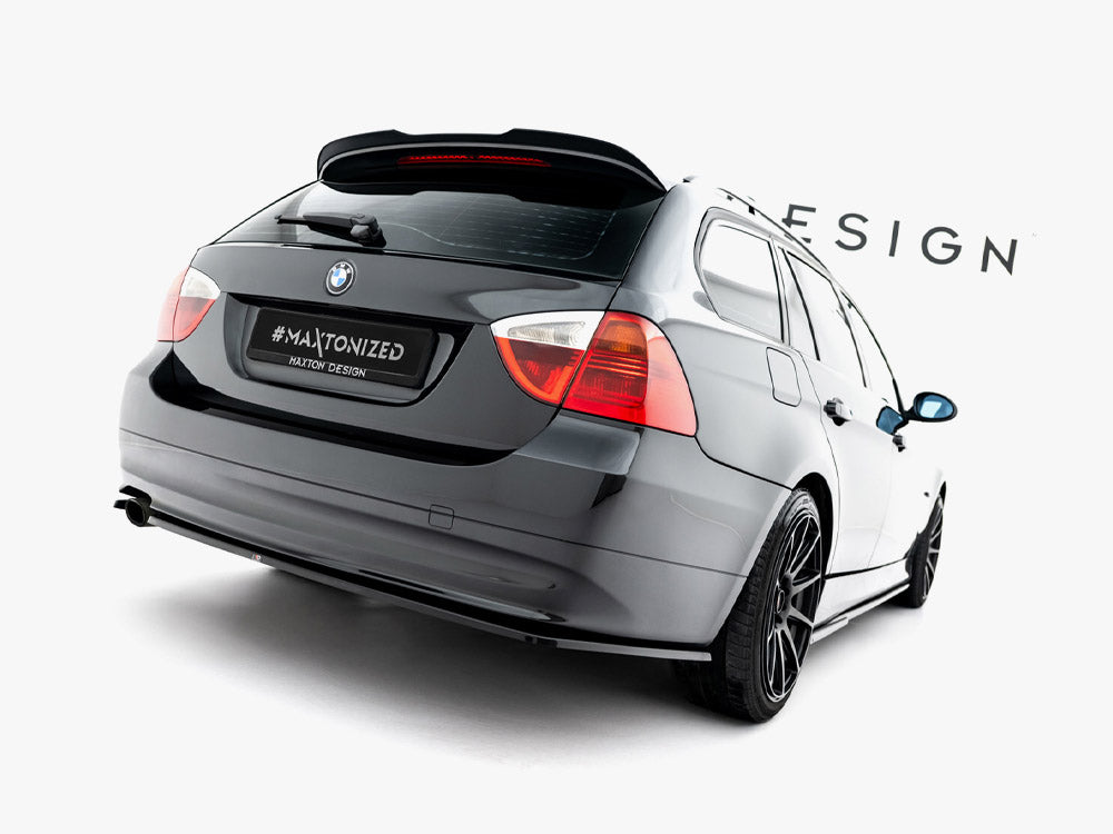 Maxton® DESIGN BMW 3 Series E91 spoiler cap installed on car, showcasing sleek design and fitment details.