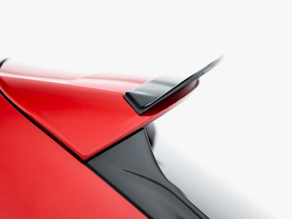 Maxton Design Spoiler Cap for Seat Leon Mk3 Cupra hatchback, body styling part, black plastic exterior, fits 2012-2016 models.