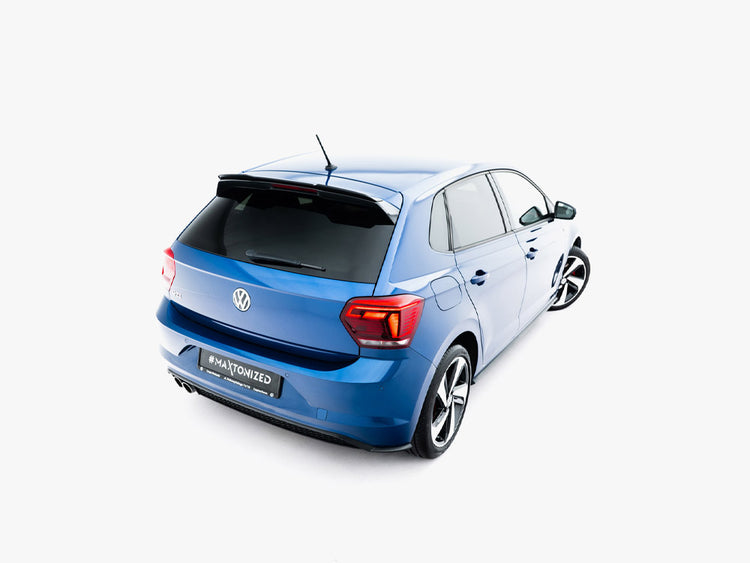 Maxton Design VW Polo Mk6 GTI spoiler extension in body and styling, featuring sleek aerodynamic design and matte black finish.