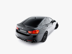 MaxTON® DESIGN BMW 4 Series F36 Gran Coupe spoiler extension installed on the rear of the 2013-2017 model, enhancing sporty appearance.