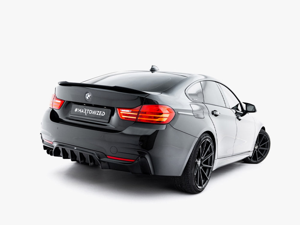 Maxton Design spoiler extension for BMW 4 Series F36 Gran Coupe, black aerodynamic rear spoiler accessory on car.