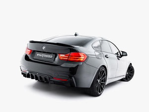 Maxton Design spoiler extension for BMW 4 Series F36 Gran Coupe, black aerodynamic rear spoiler accessory on car.