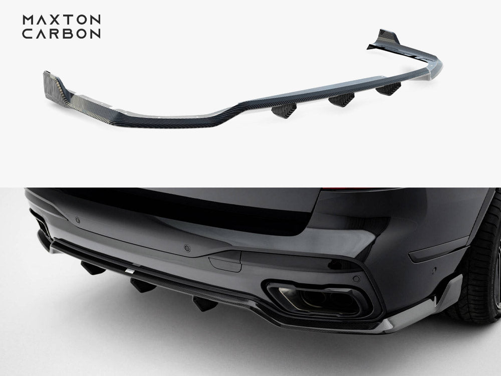 Maxton Design Prepreg Carbon Fiber Rear Diffuser for BMW X7 M-Pack G07 Facelift, body and styling accessory, high-quality carbon fiber finish.