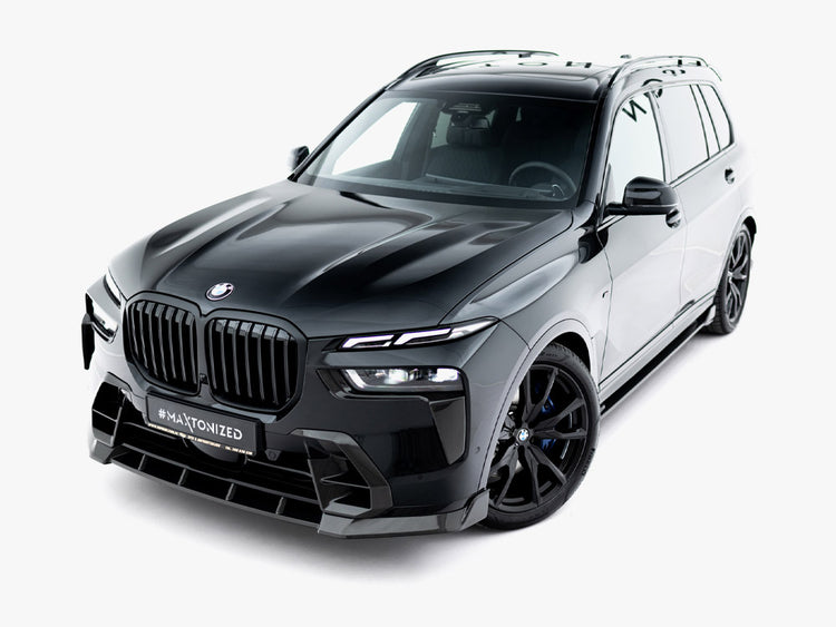 Maxton Design Prepreg carbon fiber front splitter for BMW X7 M-Pack G07 facelift, body and styling accessory with a sleek carbon finish.