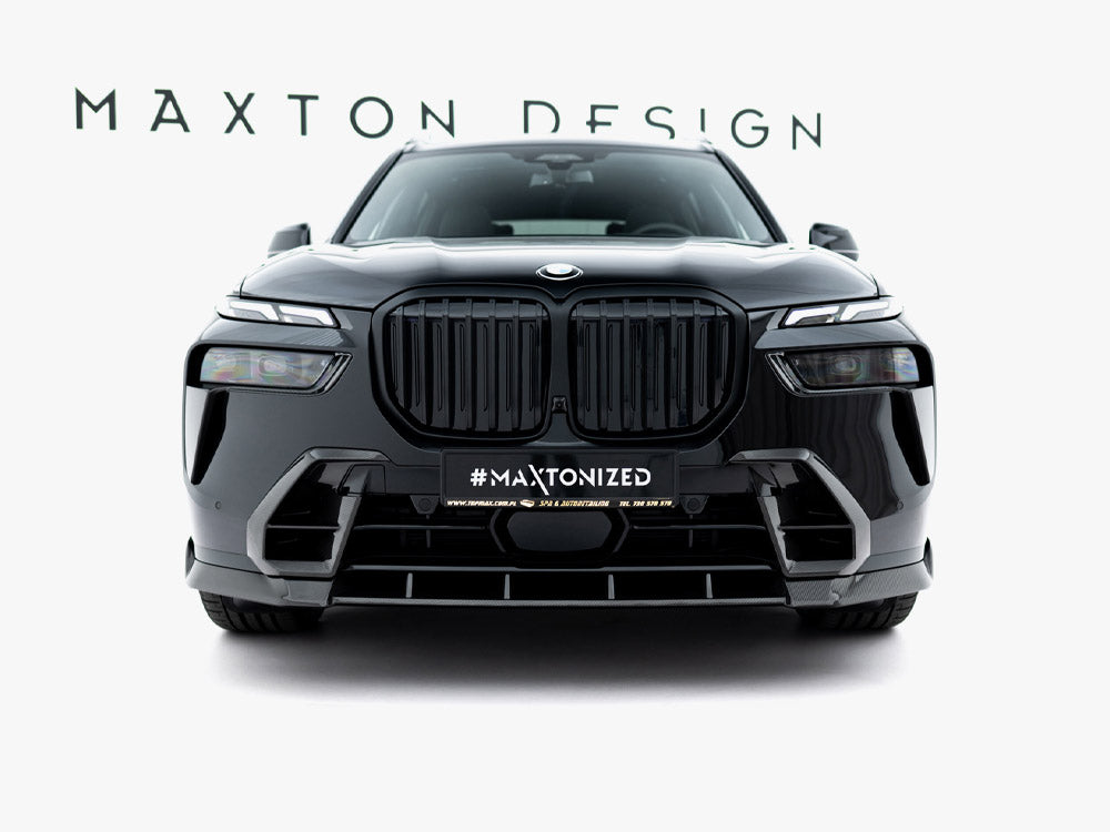 Maxton Design Prepreg Carbon Fiber Front Splitter for BMW X7 M-Pack G07 Facelift, showcasing sleek aerodynamic body styling.