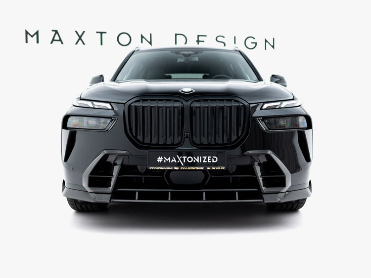 Maxton Design Prepreg Carbon Fiber Front Splitter for BMW X7 M-Pack G07 Facelift, showcasing sleek aerodynamic body styling.