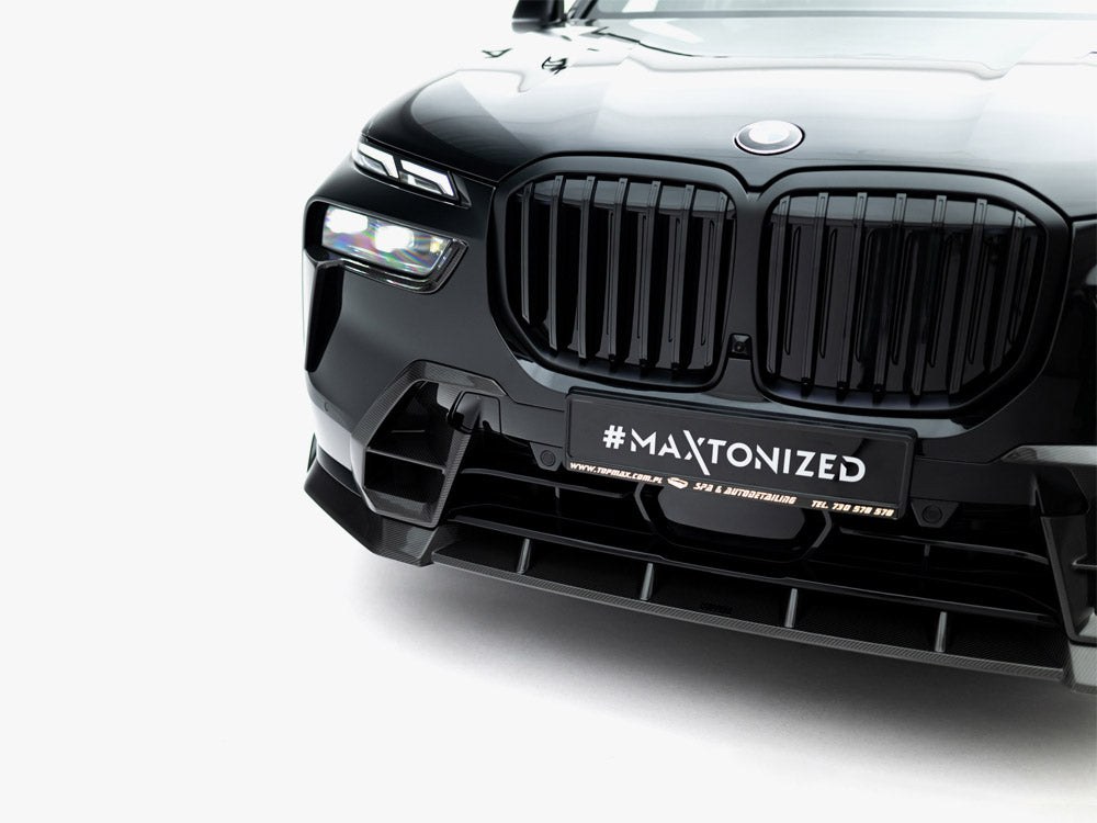Maxton Design Prepreg carbon fiber front splitter for BMW X7 M-Pack G07 facelift, body styling accessory, high-performance automotive part.