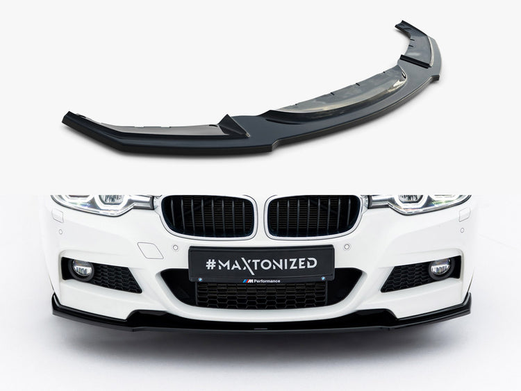 Maxton Design front splitter for BMW 3 M-Sport F30 and F30 facelift, made of durable material, shown installed on vehicle.