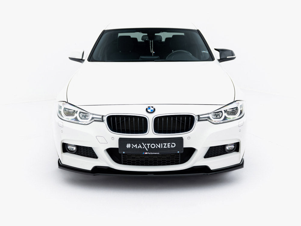 Maxton Design front splitter for BMW 3 M-Sport F30 and F30 facelift, black aerodynamic car accessory, detailed view.