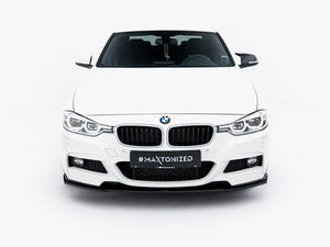 Maxton Design front splitter for BMW 3 M-Sport F30 and F30 facelift, black aerodynamic car accessory, detailed view.