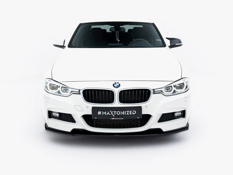 Maxton Design front splitter for BMW 3 M-Sport F30 and F30 facelift, black aerodynamic car accessory, detailed view.