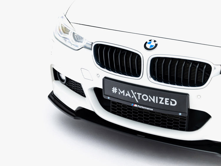 Maxton Design front splitter for BMW 3 Series M-Sport F30 and F30 facelift, black aerodynamic car accessory.