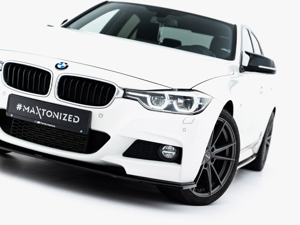 Maxton Design front splitter for BMW 3 Series M-Sport F30 and F30 Facelift, black aerodynamic car accessory.