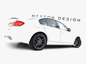 Maxton Design BMW 3 Series F30 M-Sport side skirt diffusers in black, mounted on the car's side body for enhanced sporty styling.