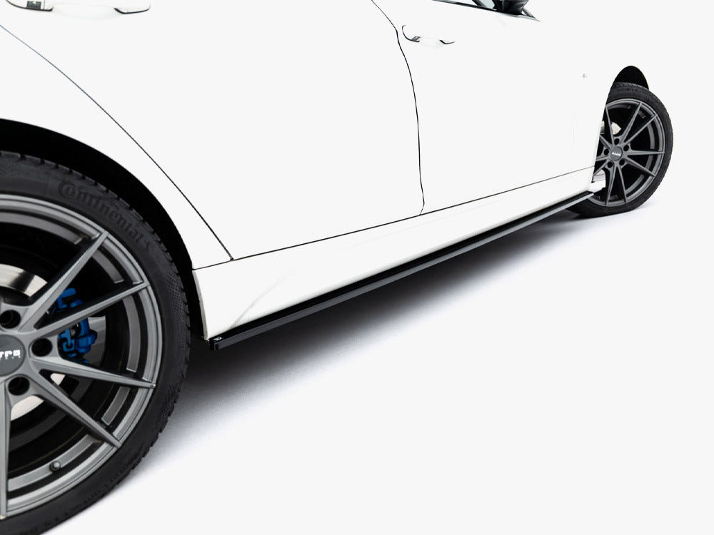Maxton Design BMW 3 Series F30 M-Sport side skirt diffusers in black, mounted on the car’s side body for sporty styling.