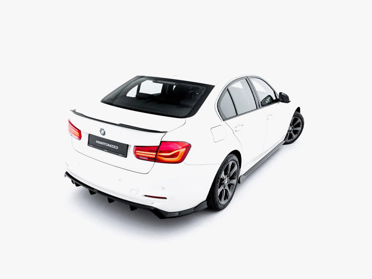 Maxton Design BMW 3 Series F30 Sportline sedan full body kit, including front bumper, side skirts, and rear diffuser, in black finish.