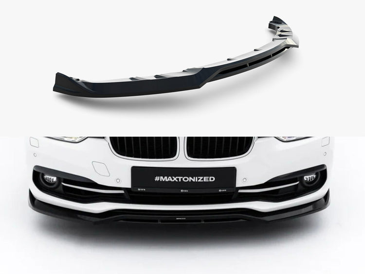 Maxton Design BMW 3 Series F30 F31 front splitter in black, sporty body styling accessory for sedan and touring models.